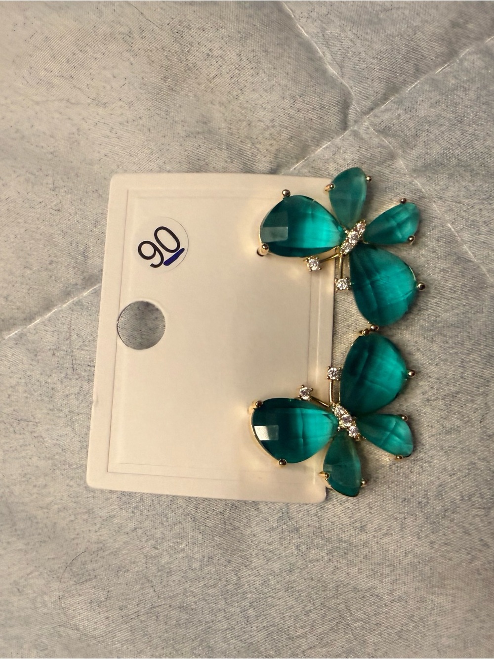 Gold-Tone Teal Butterfly Drop Earrings with Crystal Accents